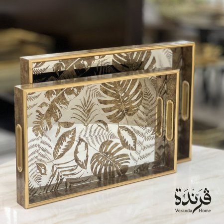 طقم 2 صواني ضيافة ذهبي بنقشة ورق شجر